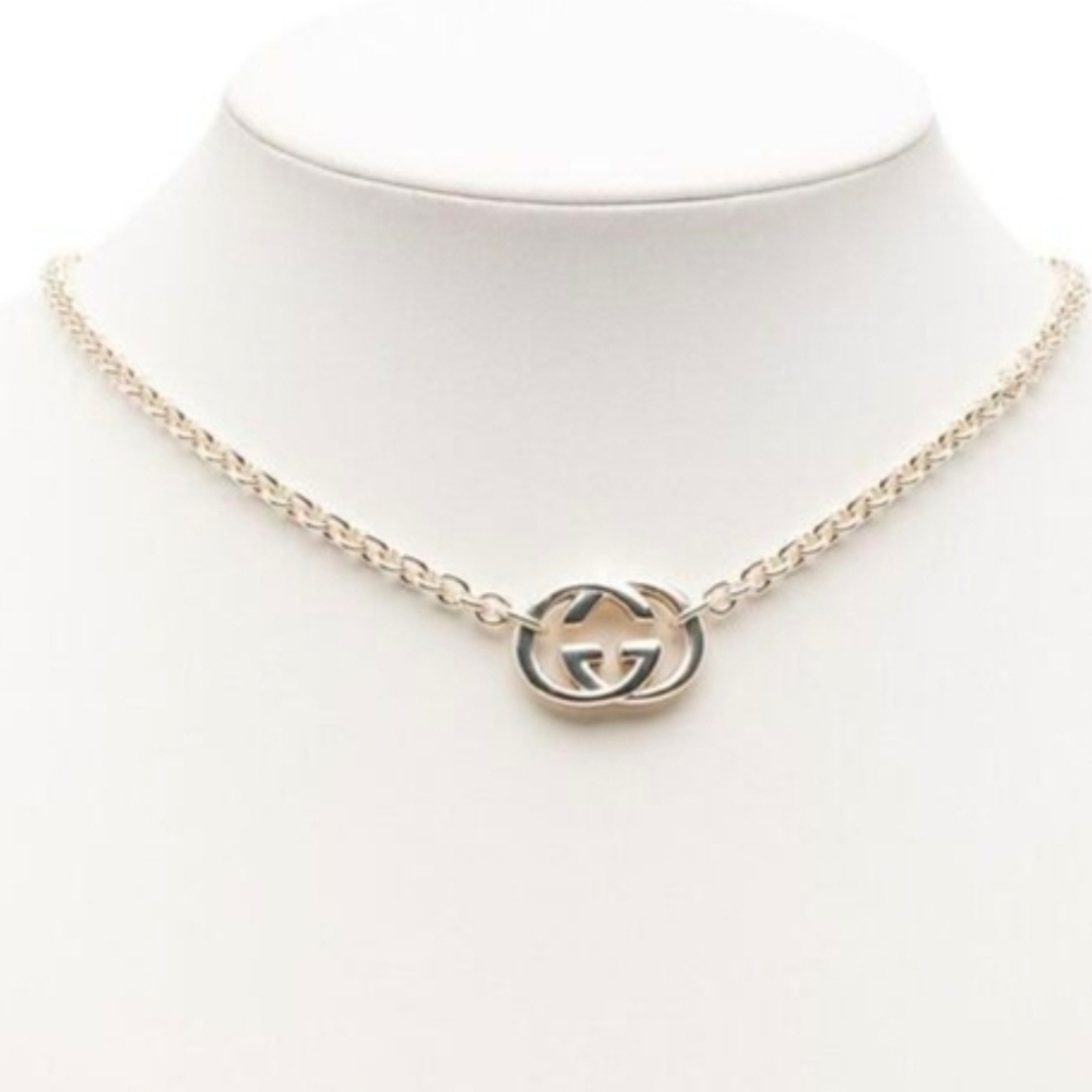 Gucci Sterling Silver Chain Necklace with Logo Pendant Attached